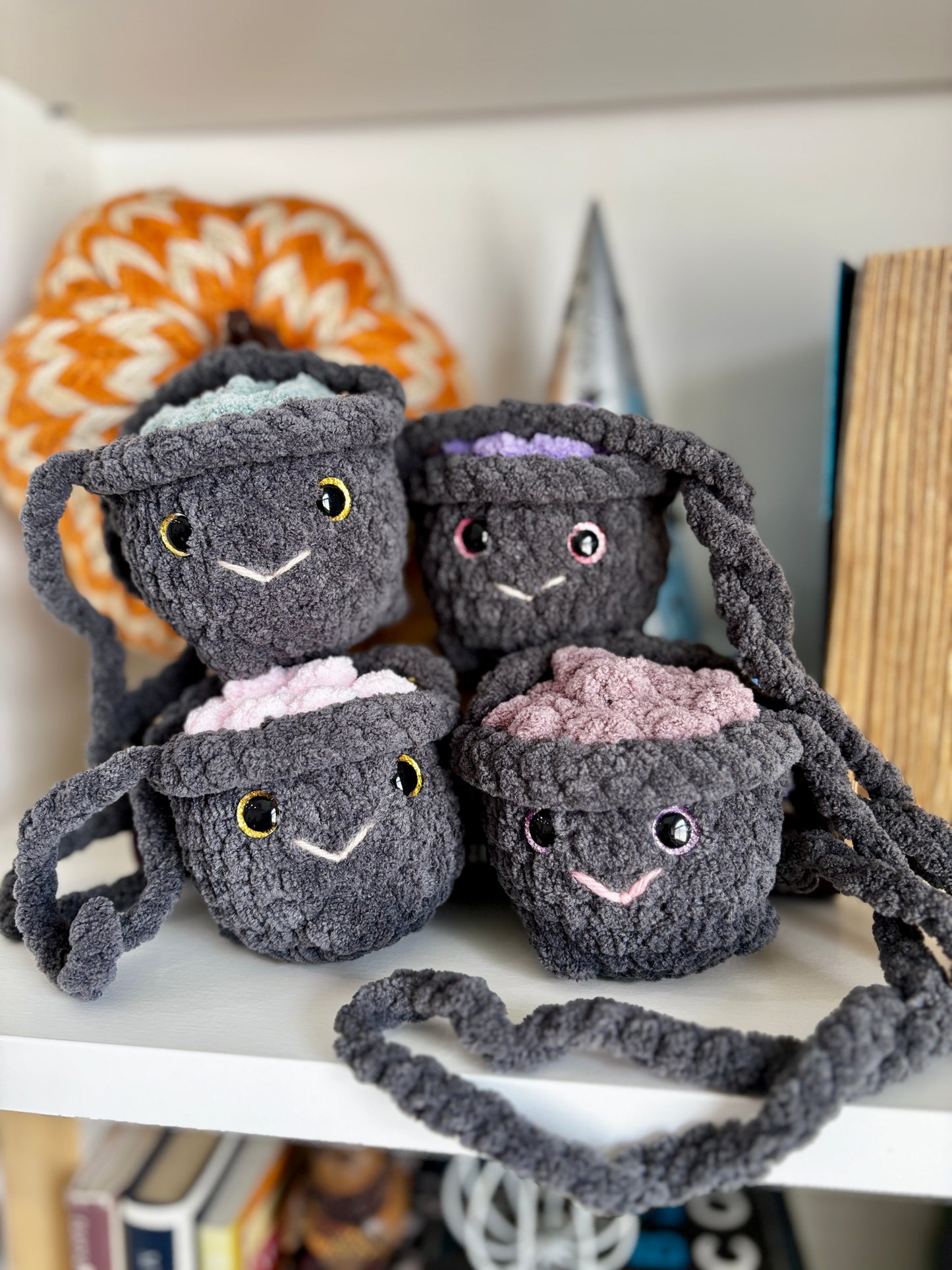 Smiling Cauldron Plush - Handmade Crochet Magic Pot (4 Top Colors Available)