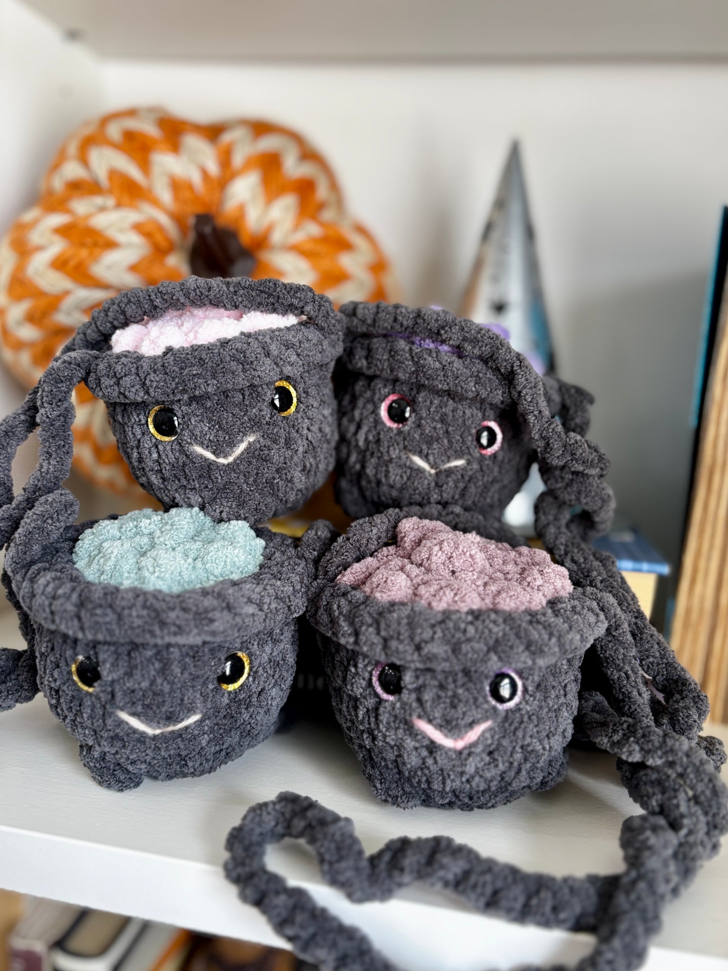 Smiling Cauldron Plush - Handmade Crochet Magic Pot (4 Top Colors Available)